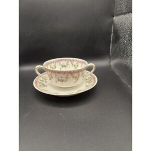 Haviland Limoges Tea Cup and Saucer Pink Floral Green Leaf Swag